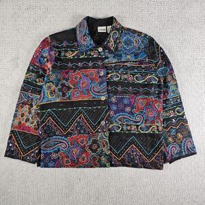 VTG 90s Chico's Embroidery Floral Paisley Funky Hippie‎ Cardigan Womens Size 2